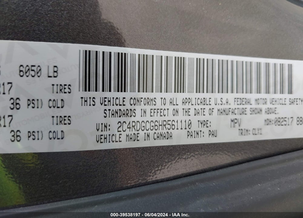 2017 DODGE GRAND CARAVAN SXT VIN: 2C4RDGCG6HR561110