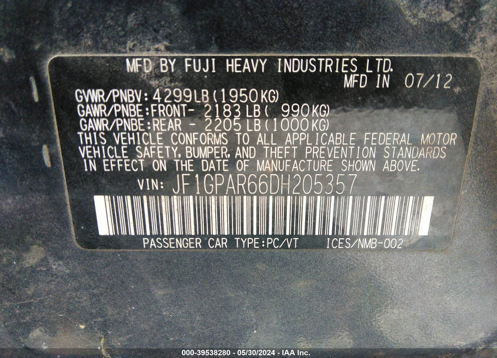 2013 SUBARU IMPREZA 2.0I SPORT LIMITED VIN: JF1GPAR66DH205357