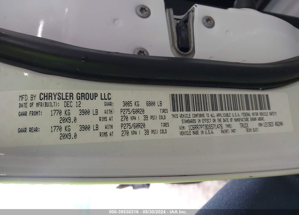 2013 RAM 1500 LAIE LONGHORN EDITION VIN: 1C6RR7PT9DS571476