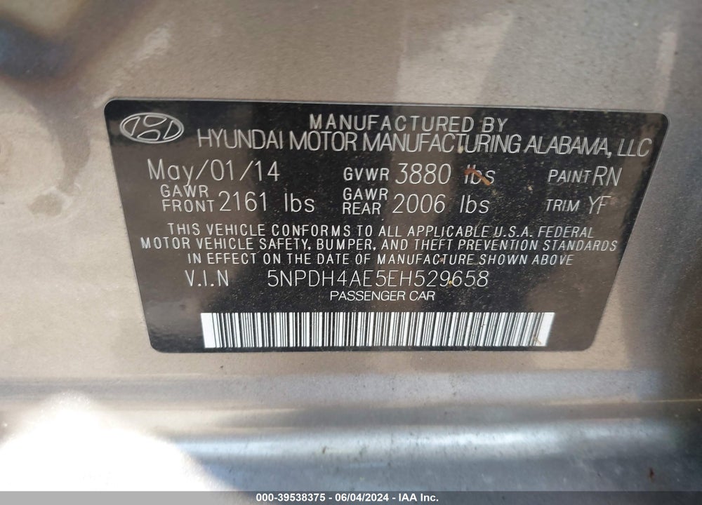 2014 HYUNDAI ELANTRA SE VIN: 5NPDH4AE5EH529658