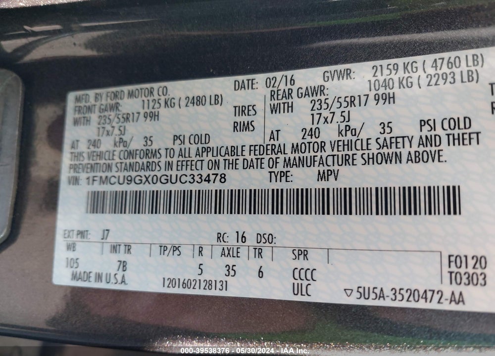 2016 FORD ESCAPE SE VIN: 1FMCU9GX0GUC33478