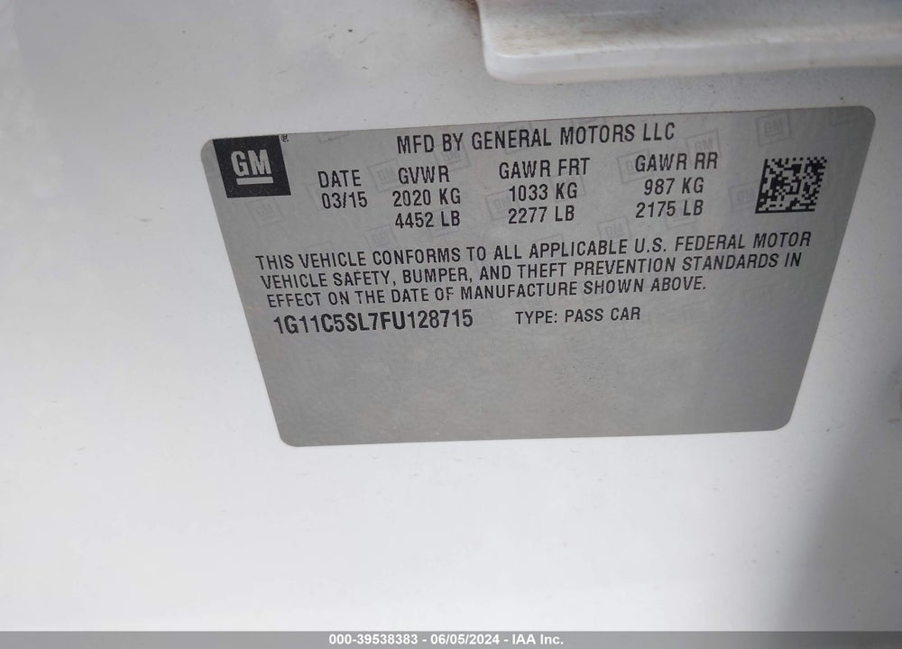 2015 CHEVROLET MALIBU 1LT VIN: 1G11C5SL7FU128715