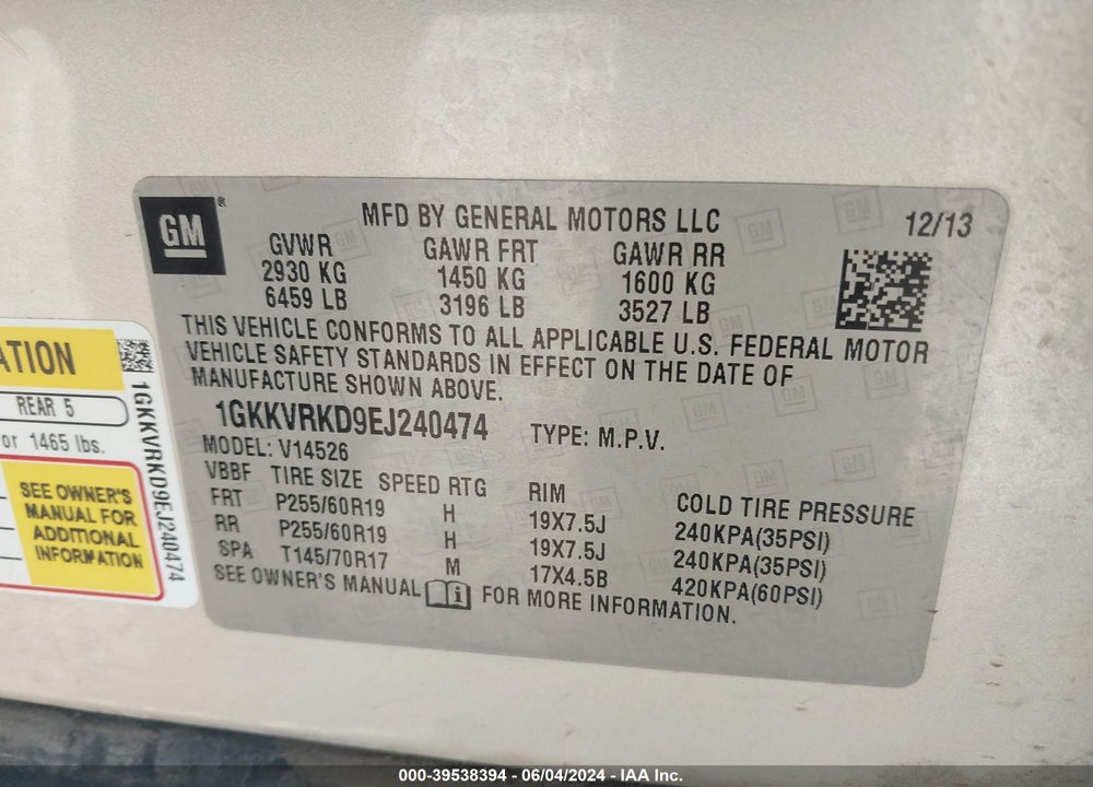 2014 GMC ACADIA SLT-1 VIN: 1GKKVRKD9EJ240474