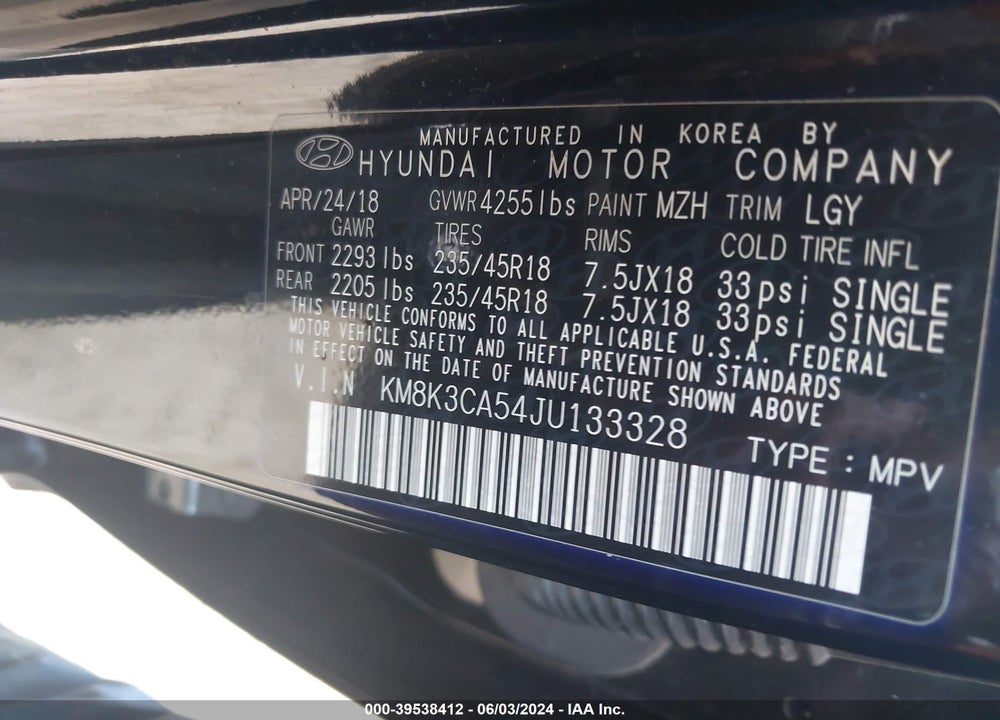 2018 HYUNDAI KONA LIMITED VIN: KM8K3CA54JU133328