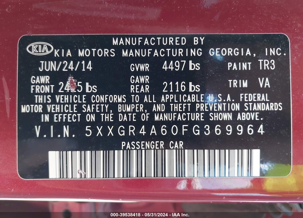 2015 KIA OPTIMA SX TURBO VIN: 5XXGR4A60FG369964