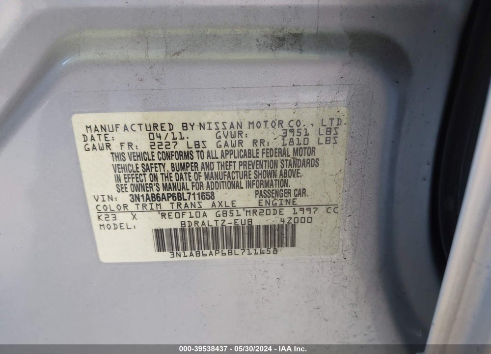 2011 NISSAN SENTRA 2.0SR VIN: 3N1AB6AP6BL711658