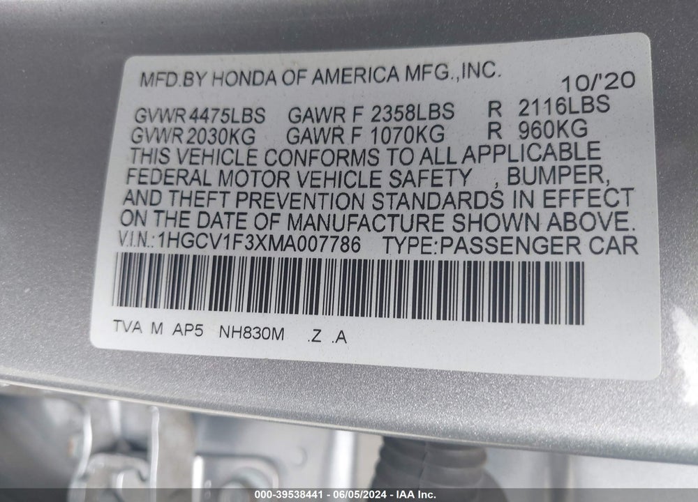 2021 HONDA ACCORD SPORT VIN: 1HGCV1F3XMA007786