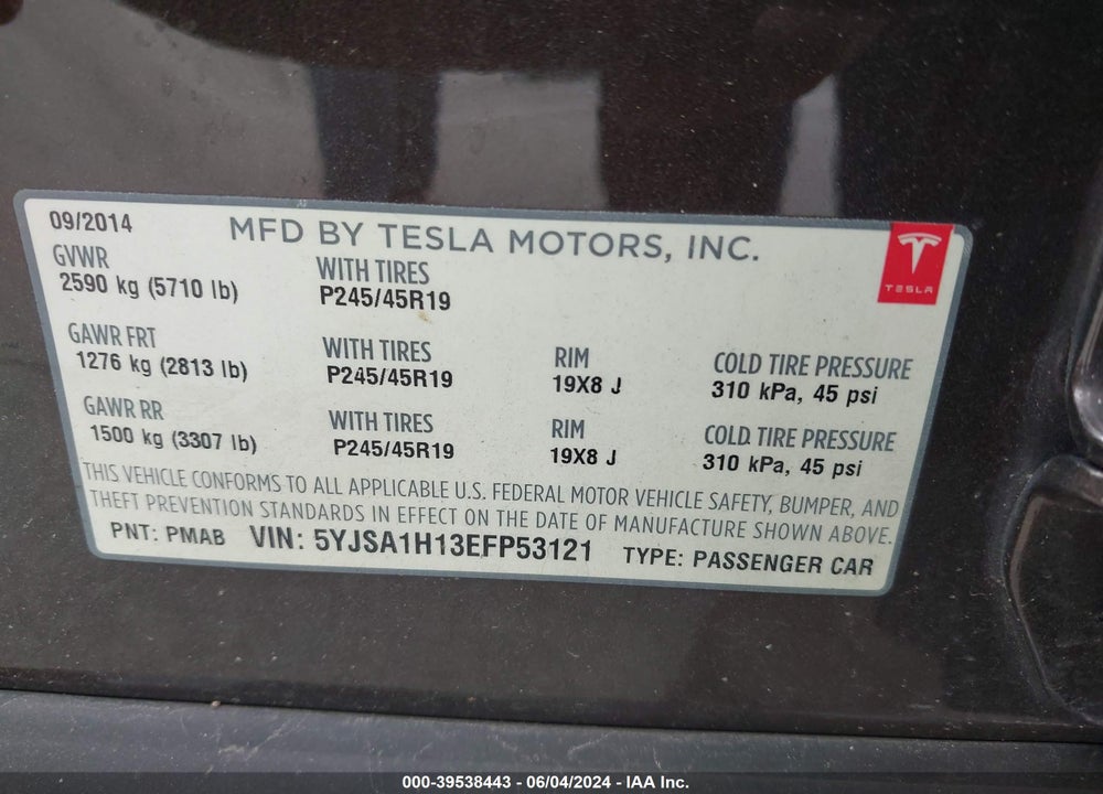 2014 TESLA MODEL S VIN: 5YJSA1H13EFP53121