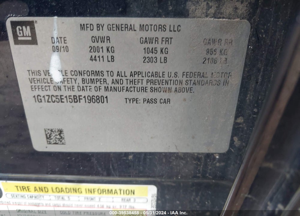 2011 CHEVROLET MALIBU 1LT VIN: 1G1ZC5E15BF196801