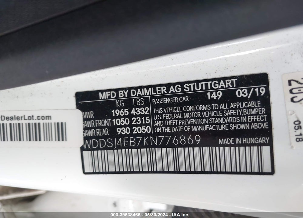 2019 MERCEDES-BENZ CLA 250 VIN: WDDSJ4EB7KN776869