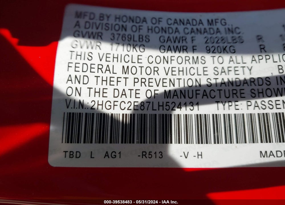 2020 HONDA CIVIC SPORT VIN: 2HGFC2E87LH524131