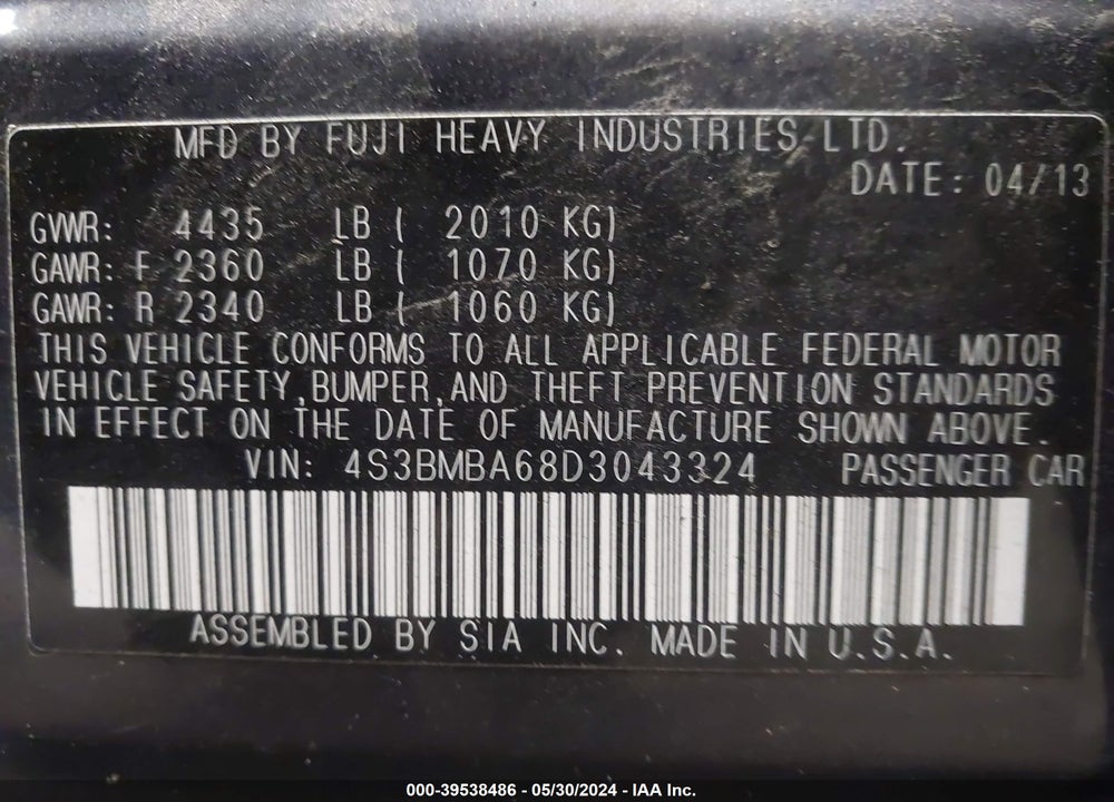 2013 SUBARU LEGACY 2.5I VIN: 4S3BMBA68D3043324