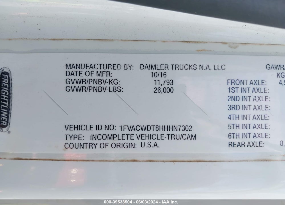 2017 FREIGHTLINER M2 106 VIN: 1FVACWDT8HHHN7302