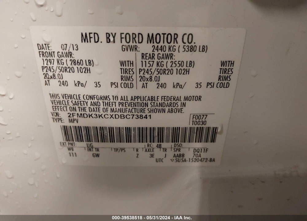 2013 FORD EDGE LIMITED VIN: 2FMDK3KCXDBC73841