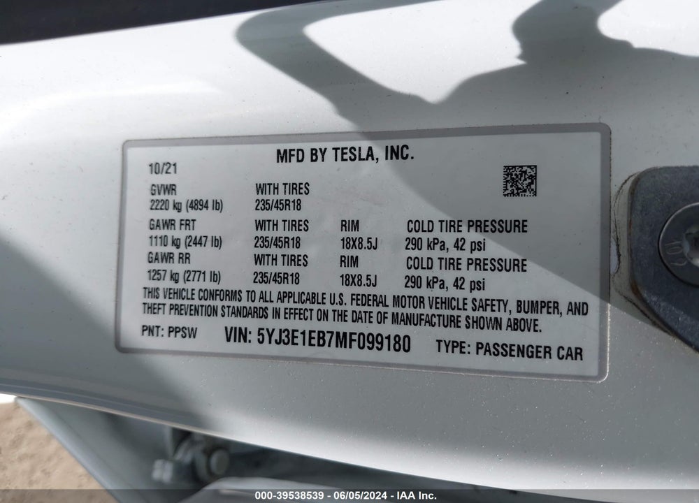 2021 TESLA MODEL 3 LONG RANGE DUAL MOTOR ALL-WHEEL DRIVE VIN: 5YJ3E1EB7MF099180