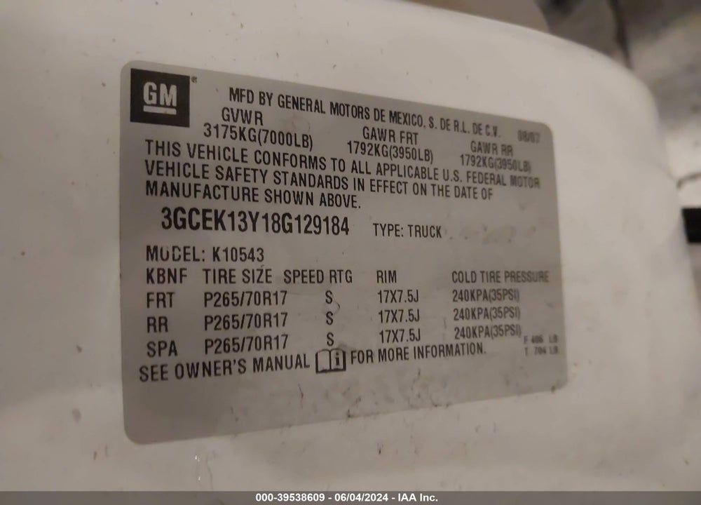 2008 CHEVROLET SILVERADO 1500 LTZ VIN: 3GCEK13Y18G129184