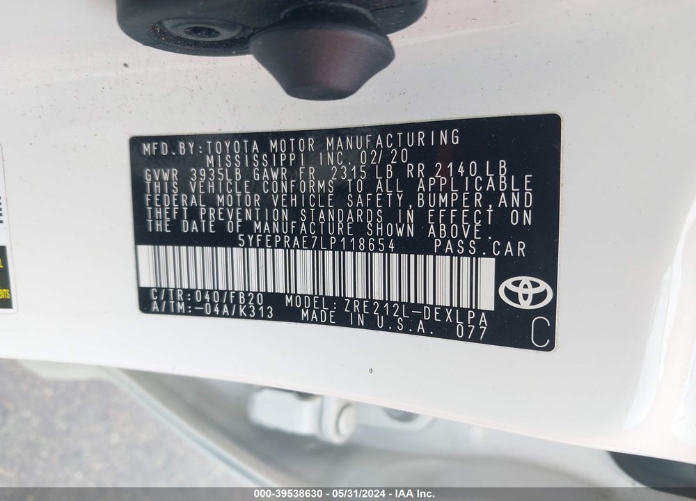 2020 TOYOTA COROLLA LE VIN: 5YFEPRAE7LP118654