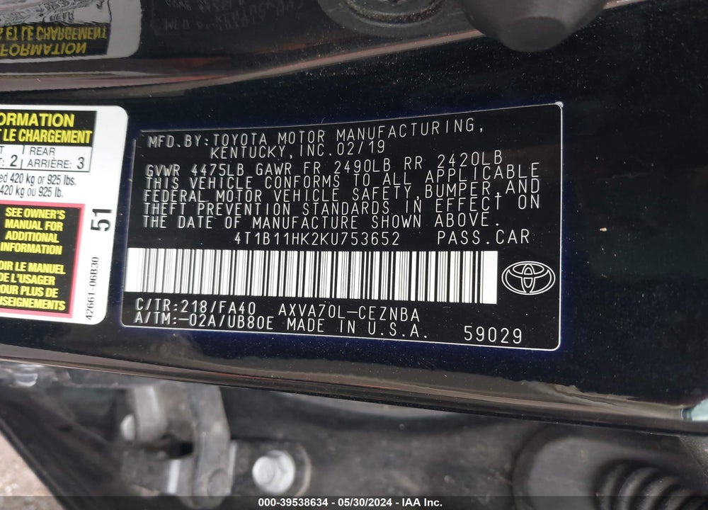 2019 TOYOTA CAMRY LE VIN: 4T1B11HK2KU753652
