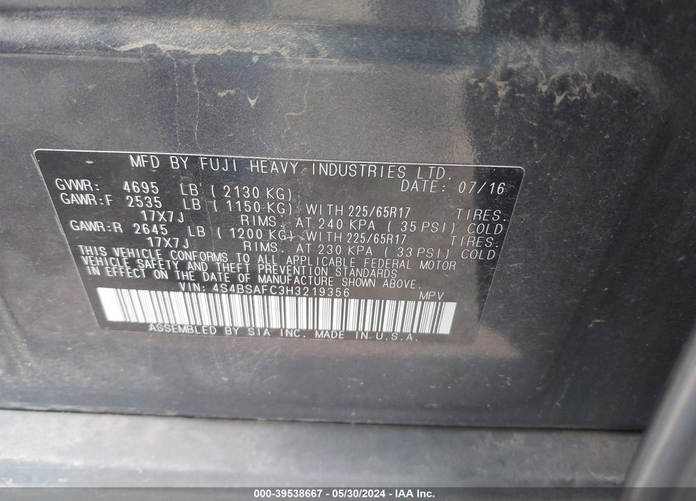 2017 SUBARU OUTBACK 2.5I PREMIUM VIN: 4S4BSAFC3H3219356