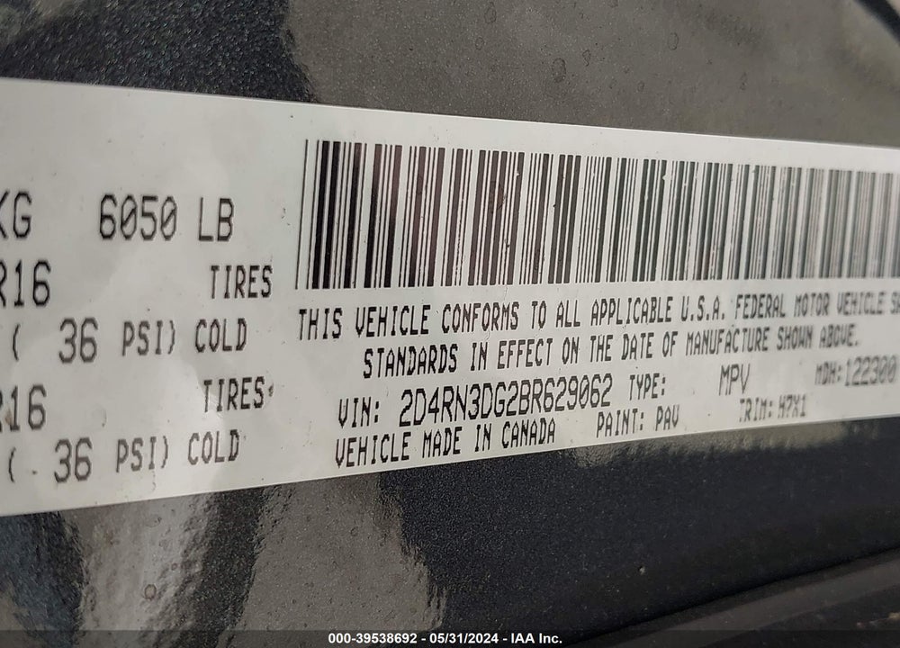 2011 DODGE GRAND CARAVAN MAINSTREET VIN: 2D4RN3DG2BR629062