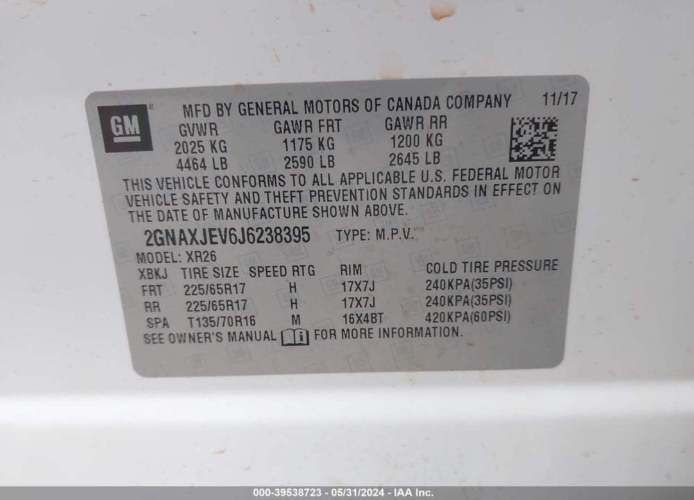 2018 CHEVROLET EQUINOX LT VIN: 2GNAXJEV6J6238395