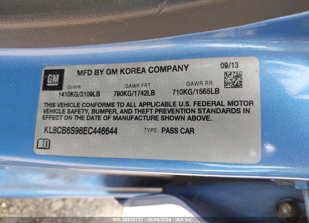 2014 CHEVROLET SPARK LS AUTO VIN: KL8CB6S98EC446644
