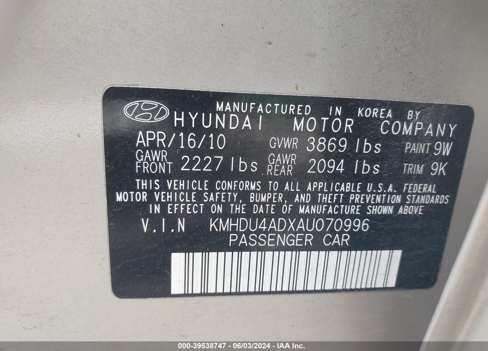 2010 HYUNDAI ELANTRA GLS VIN: KMHDU4ADXAU070996