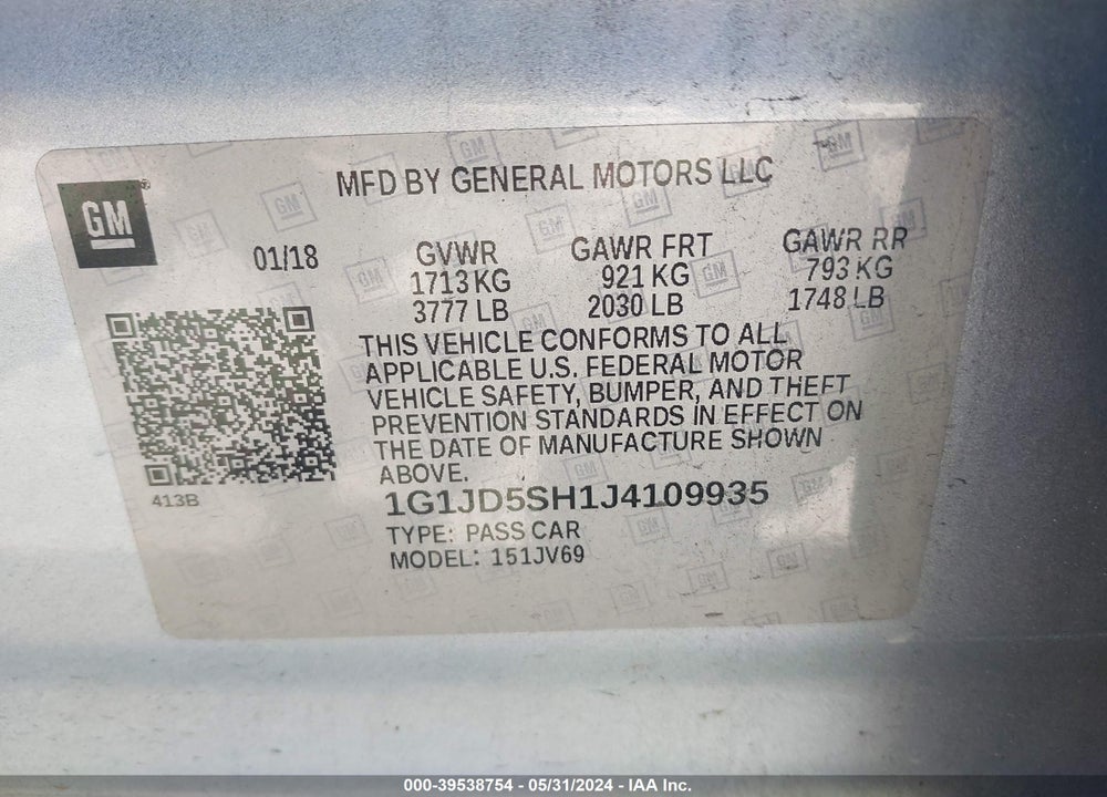 2018 CHEVROLET SONIC VIN: 1G1JD5SH1J4109935