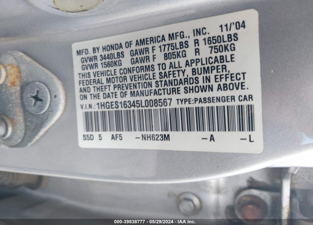 2005 HONDA CIVIC VP VIN: 1HGES16345L008567