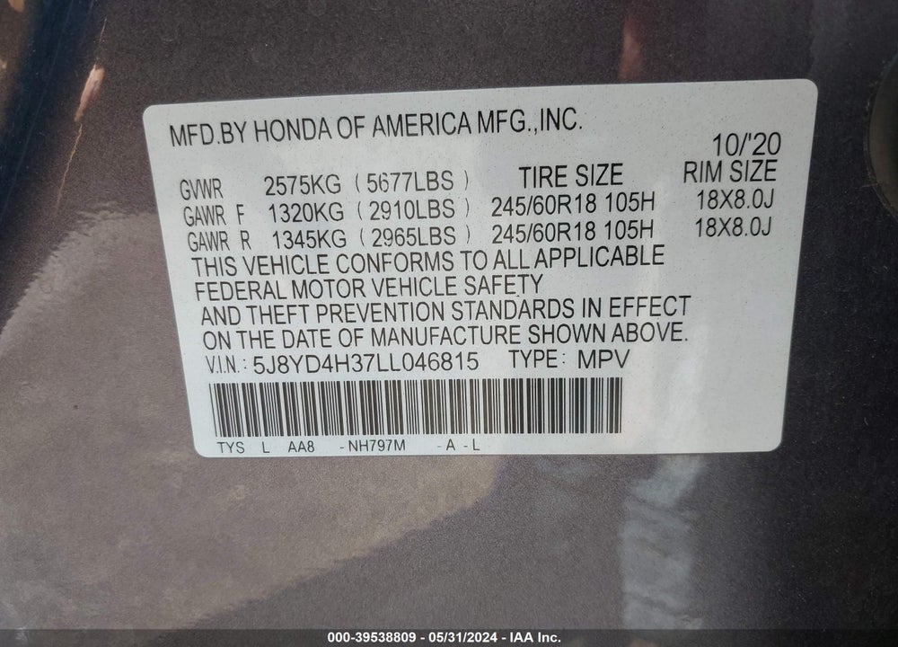 2020 ACURA MDX STANDARD VIN: 5J8YD4H37LL046815