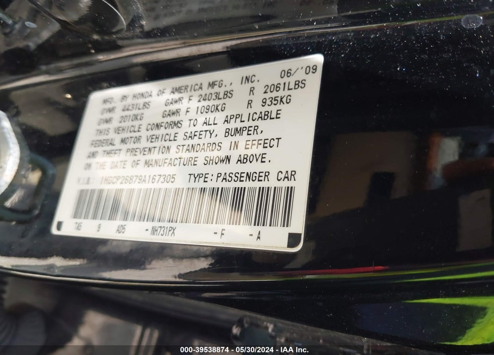 2009 HONDA ACCORD 2.4 EX-L VIN: 1HGCP26879A167305