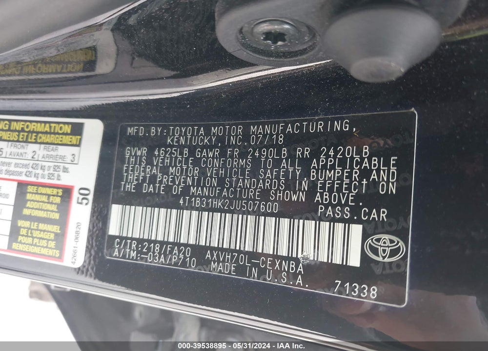 2018 TOYOTA CAMRY HYBRID LE VIN: 4T1B31HK2JU507600