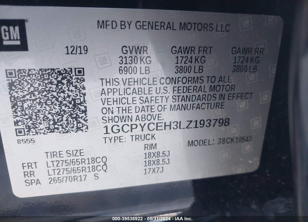 2020 CHEVROLET SILVERADO 1500 VIN: 1GCPYCEH3LZ193798