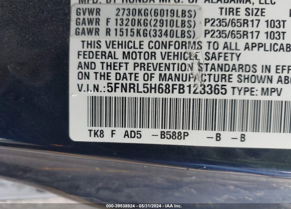 2015 HONDA ODYSSEY EX-L VIN: 5FNRL5H68FB123365