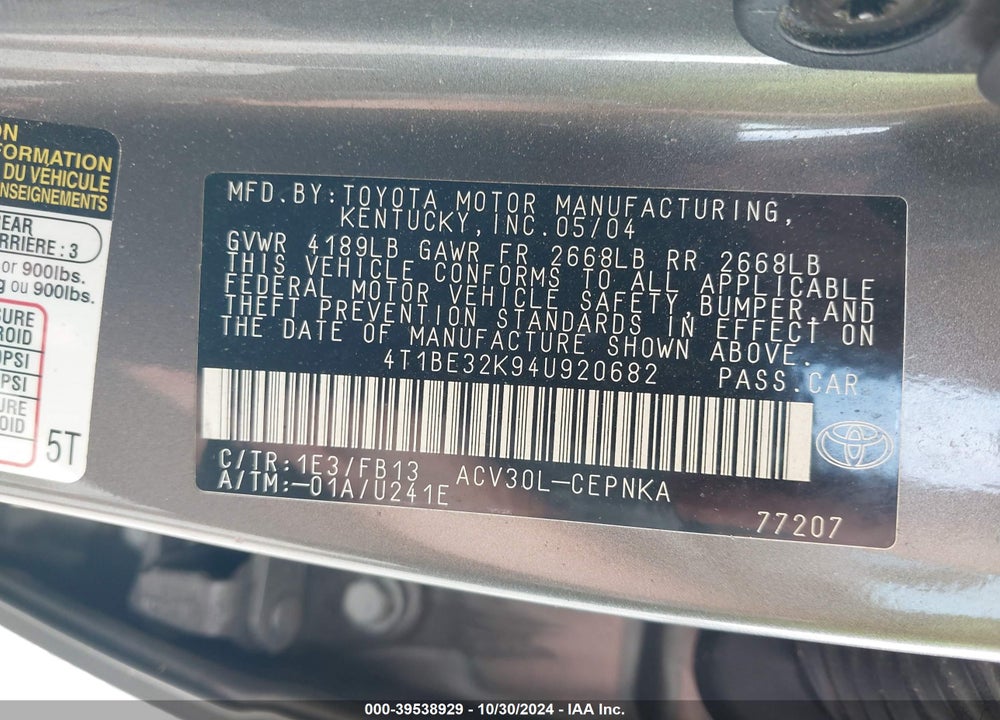 2004 TOYOTA CAMRY STD/ VIN: 4T1BE32K94U920682