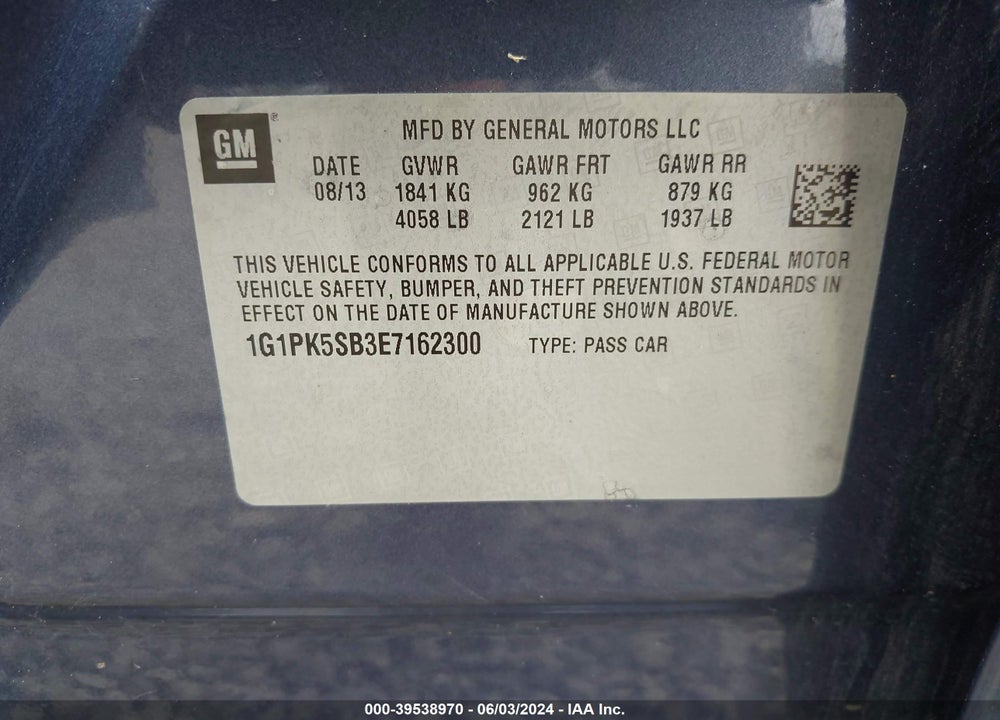 2014 CHEVROLET CRUZE LT VIN: 1G1PK5SB3E7162300
