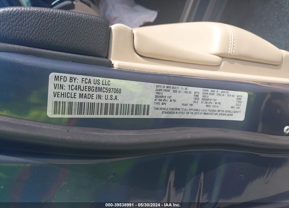 2021 JEEP GRAND CHEROKEE LIMITED 4X2 VIN: 1C4RJEBG8MC597060