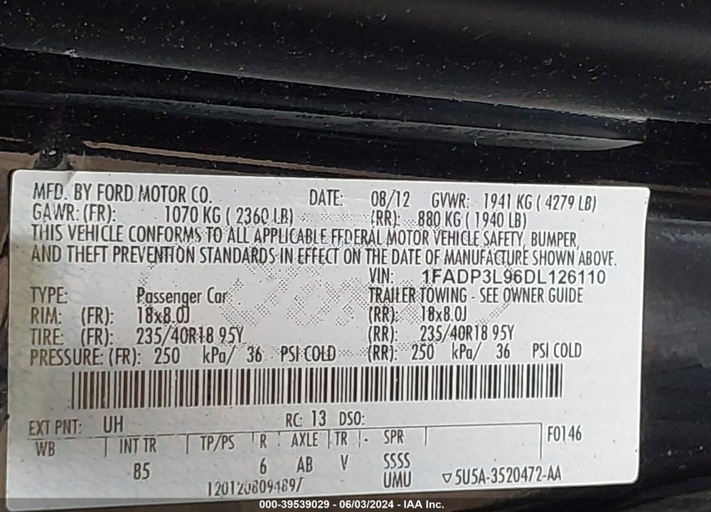 2013 FORD FOCUS ST VIN: 1FADP3L96DL126110