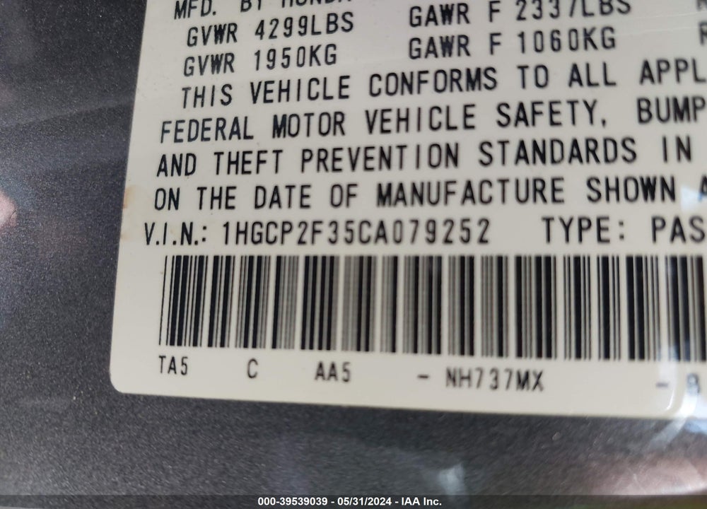 2012 HONDA ACCORD 2.4 LX VIN: 1HGCP2F35CA079252