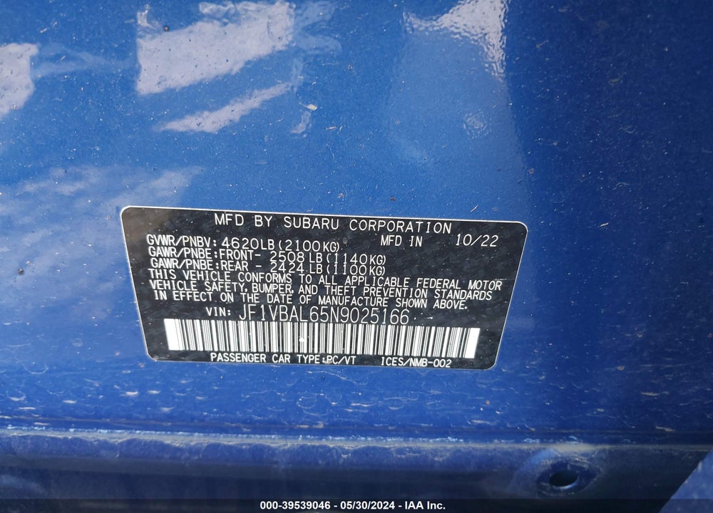 2022 SUBARU WRX LIMITED VIN: JF1VBAL65N9025166