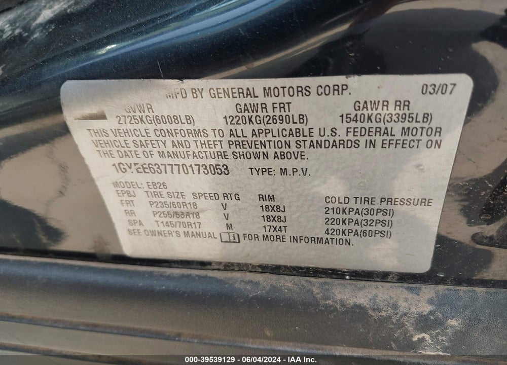 2007 CADILLAC SRX V6 VIN: 1GYEE637770173053