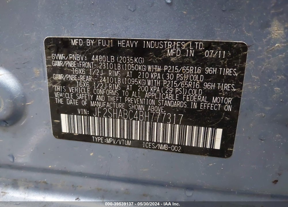 2011 SUBARU FORESTER 2.5X VIN: JF2SHABC4BH777317