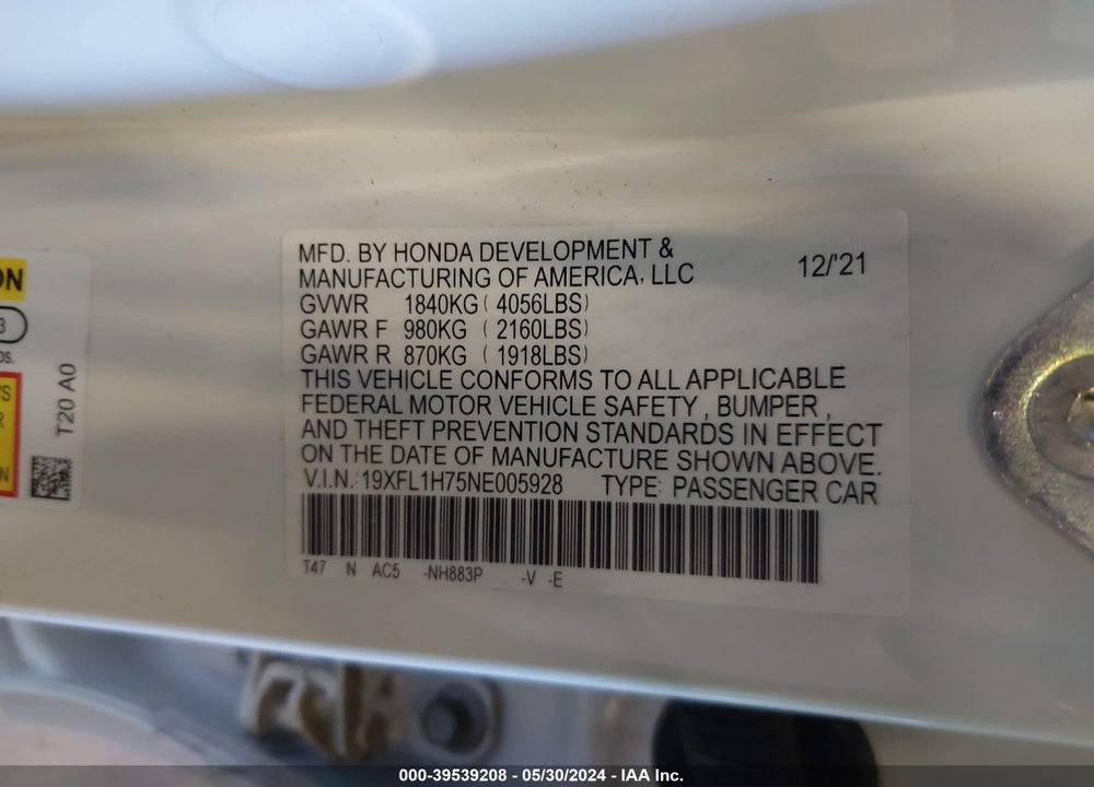 2022 HONDA CIVIC EX-L VIN: 19XFL1H75NE005928