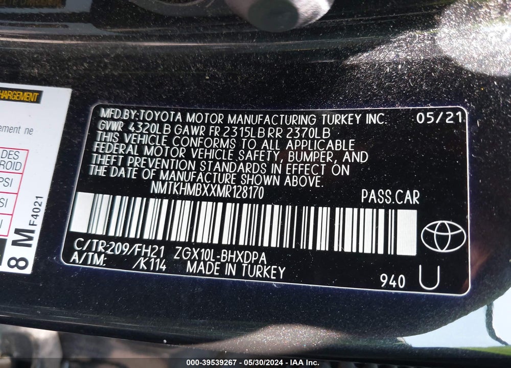 2021 TOYOTA C-HR LE VIN: NMTKHMBXXMR128170