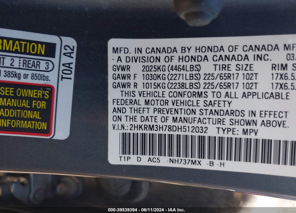 2013 HONDA CR-V EX-L VIN: 2HKRM3H78DH512032