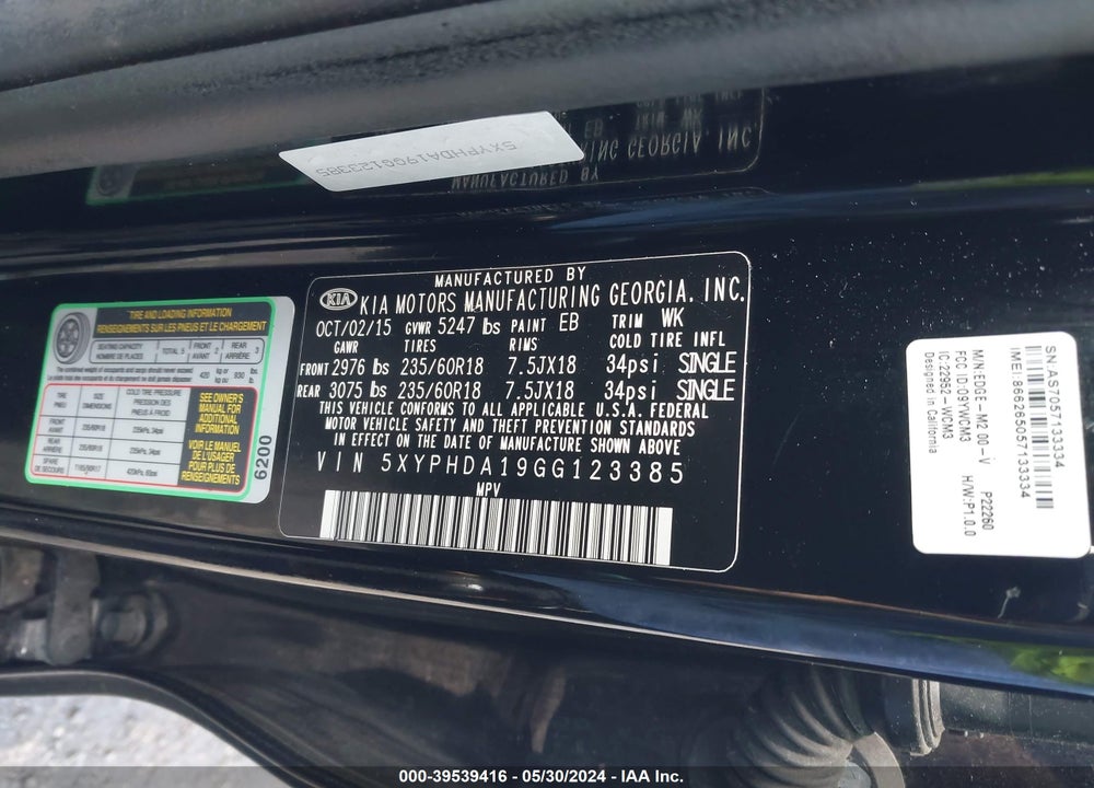 2016 KIA SORENTO 2.0T EX VIN: 5XYPHDA19GG123385