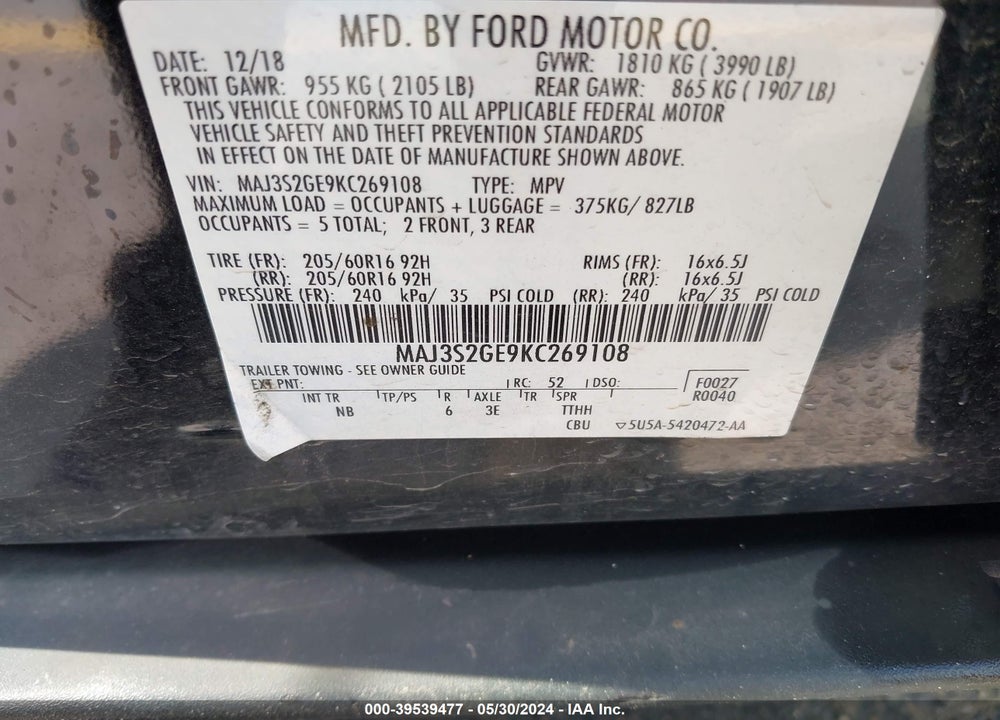 2019 FORD ECOSPORT SE VIN: MAJ3S2GE9KC269108