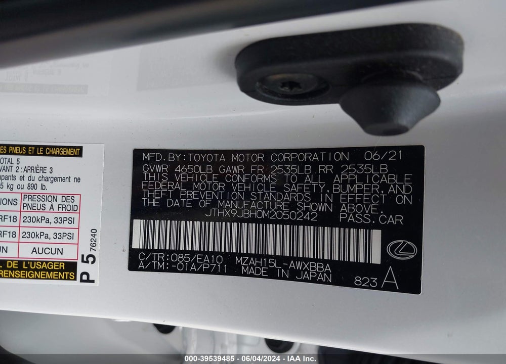 2021 LEXUS UX 250H VIN: JTHX9JBH0M2050242
