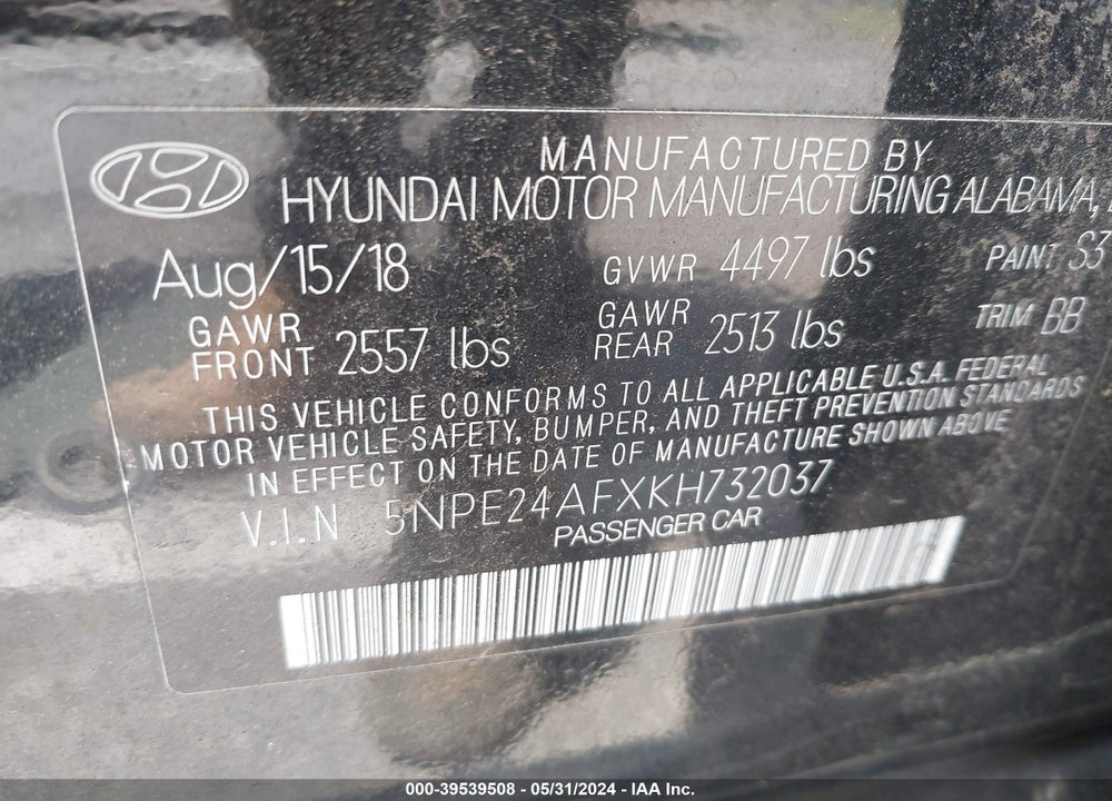 2019 HYUNDAI SONATA SE VIN: 5NPE24AFXKH732037