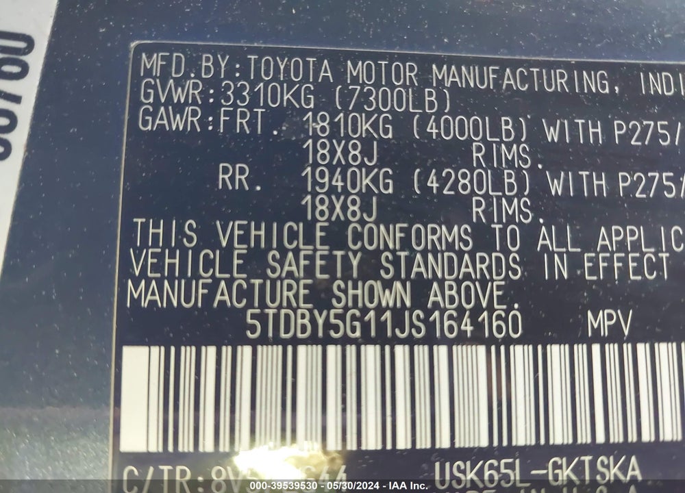 2018 TOYOTA SEQUOIA SR5 VIN: 5TDBY5G11JS164160